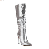 Women Stiletto Pleated Boots Knee High Gold Silver Blue Mirror Boots Sexy Pointed High Heels Pleaser Shoes Carnival