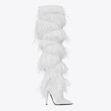 Women's High Boots Suede Cross-tied Pointed Toe Party High Heel Shoes Sexy Ostrich Feather Women's Over The Knee