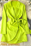 Elegant Women's Dress New Spring Summer Notched Collar Long Sleeve Bow-tied Sash A-line Casual Office Lady Short
