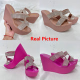 Summer 2023 New Arrivals Women's Sandals Peep Toe Wedge High Heels Slipper Shiny Rhinestones Comfy Walking