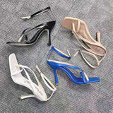 Women Summer Pumps Sandals High Heels 9CM Shoes Flip Flops Ankle Strap Sexy Square Toe Sliod Buckle Party Sandals Zapatos
