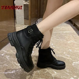 New Fashion Belt Buckle Solid Color Splice Short Boots Women's Round Head PU Soft Sole Shoes Warm and Versatile