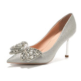 Rhinestone Wedding Bride Shoes Women 2023 Shiny Sequins Thin Heels Pumps Woman Sliver Bowknot Party High Heel Shoes