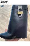 Design Shark Lock Women Boots Sexy Slip-on Knee High Boots For Woman Motorcycle Botas Mujer Genuine Leather Wedge