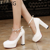 Women Wedding Shoes Crystal Preal Ankle Strap Bridal Shoes Woman Dress Shoes Seay Pumps Sweet Party