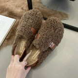 Women's Winter Plush Flat Shoes Outdoor Fashion Round Toe Warm Plush Loafers 2024 New Comfy Curly Sheep Fur Woman Cotton
