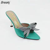 Butterfly-knot Women Slippers Pointed Toe Rhinestones Design Slip on Summer Mules Slides Woman Shoes High Heels