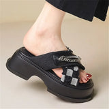 Soled Slippers for Women Summer Chain Denim Chunky Heel Fashion Cross Slides Open Toe Outdoor Beach Woman Walking