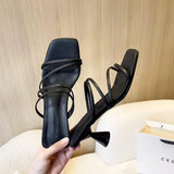New Women's Slippers Square Toe Grace Narrow Band Solid Casual Sandals Waterproof Block High Ladies
