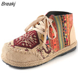 Women Shoes Boho Cotton Linen Canvas Single National Woven Round Toe Lace Up Cloth Shoes Woman Flats Size