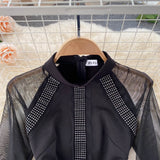Women Black See Through Mesh Long Sleeve Mini Dress Stand Collar Rhinestone Decoration High Waist Elegant Lady Club Party