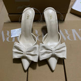 Breakj Home 2025 New White Bow French-Style Dew Behind Triptling Pointed High Heels Fashion Bag Head Sandals