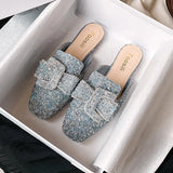 Shoes Mules For Women 2024 Ladies' Slippers Rivet Cover Toe Butterfly-Knot Low Square heel Loafers Flock New Pointed