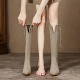 for Woman Elegant with Low Heels Women's Boots Tassel Long Footwear Winter Knee High Shaft Black Gothic Fashion 2023