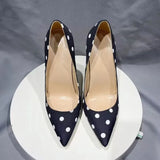 Polka Dot Women Black Satin Stiletto High Heels with Bowknot Chic Ladies Designer Dress Shoes Pointed Toe Silk