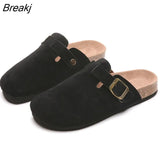 Women Causal Faux Suede Slippers Wedges Heel Cork Mules Platform Clog Non Slip Sole Buckle Outdoor Home Shoes Ladies Trendy
