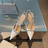 Temperament French Small Heels Socialite Pointed Single Shoes Fairies White High Heels Fine Heels Water Drill Baotou Sandals Women's