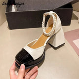 Women heels platform shoes Mary Jane Shoes for Women 2023 Chunky heels Buckle Strap Pumps Woman Thick Bottom pearl sandals