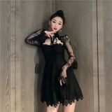 Vintage Dress Women Fairy Elegant Chic Lace Hollow Out Sexy Mini Party Dress Female One Piece Dress Korea New Autumn