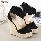Women Summer Butterfly Knot Solid Black Open Toe Sandals Fashion Platform High Heels Wedge Shoes Ankle Bowtie Dress Shoes