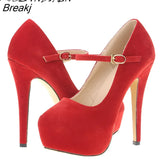 Mary Janes Women Pumps New Platform High Heels Shoes Woman Sexy Round Toe Flock Red Extreme Thin Heel