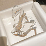 Summer New Women Sandals Fairy Style Square Head Silver Rhinestone Slim Band Temperament One Word Band Versatile High
