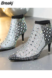 Crystal Transparent PVC Mesh Upper Ankle Boots for Women Pointed Toe High Heels Shoes Woman Zapatos De