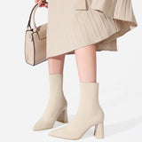Quality Socks Short Boots Women Solid Knitting Boots Stretch Sock Mid-calf Boots Party Square High Heels Sexy Ankle