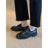 Breakj Belt Buckle Small Leather Shoes Women 2025 Coarse College Style Happy Shoes Lazy Single