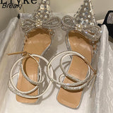 Elegant Crystal Bowknot Women Wedding Shoes Bride High Heels Pumps PVC Transparent Pointed Toe Ankle Strap Sandals