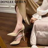 Fashion Brand Crystal Embellished High Heels Shoes Women Pointed Toe Dress Rhinestone Wedding Party Pumps Black Suede