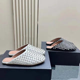 2024 New Fashionable Rhinestone Rivet Baotou Slippers Fashion Square Tail Muller Women's Shoes Fashion Women's