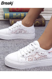 Women Shoes 2023 Fashion Summer Casual White Shoes Cutouts Lace Canvas Hollow Breathable Platform Flat Sneakers Zapatillas