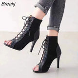 Heels Lace-Up 9CM Women's Shoes Summer 2022 Trend Black Sexy Peep Toe Boots Fashion Cloth Stilettos Jazz Dance