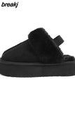35-43 New Fashion Winter Plush Cotton Slippers Women Flats Shoes Platform Casual Home Suede Fur Warm Slingback Flip