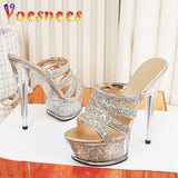 Women New Crystal Slippers 14.5CM Fashion Model High Heels Summer Thin Heels Sexy Party Shoes Waterproof Platform Sequin