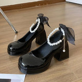 Pearls Strap Square Heels Pumps Women Shoes 2023 Fashion Pu Leather Platform Mary Janes Woman High Heels Party Wedding