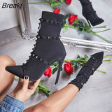 Fashion Luxury Women 11.5cm High Heels Fetish Rivets Silk Sock Boots Stiletto Ankle Boots Scarpins Studded Red Spring