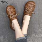 Genuine Leather Flats Women Shoes Spring Autumn 2023 Weave Lace-Up Handmade Soft Retro Comfortable Concise Ladies