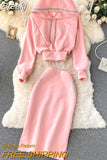 Women Two Piece Tracksuit Casual Pink Long Sleeve Short Hooded Sweatshirt and High Waist Pencil Skirt Suits 2023 Autumn Lady
