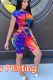 Women Tie Dye Print 2 Pieces Sets Tracksuits Crop Top Side Lace-Up Bandage Shorts Ladies Sexy Tracksuits Hollow
