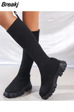 New Winter Stretch Sock Boots Over The Knee Boots Women's Thick Bottom Slim High Heel Large Size Round Toe Botas De