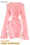 Women Pink Dress 2023 New Autumn Fashion O-neck Long Sleeve Holes Drawstring Lace-up Slim Stretch Mini Party