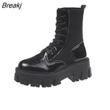 Leather Black Flat High Platform Women Fashion 2023 Non-slip Wear-resistant Sole Ankle Boots Ladies Stretch Shoes