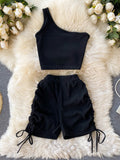 Casual Women 2 Piece Set Solid Summer Fashion One Shoulder Sleeveless Crop Top and Drawstring Shorts Workout