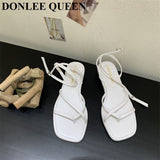 New Summer Women Sandals Fashion Square Toe Flat Heel Ankle Strap Shoes Narrow Band Casual Slides Green Sliver Female