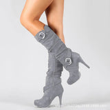 Breakj New High Heel Suede Middle Boots Belt Buckle Large Size Thin High Heel Round High