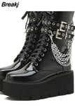 Design Gothic Style INS Hot Sale Fashion Boots Women Shoes Autumn Punk Black High Heels Platform Wedges Boots