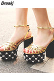 Women's Sandals Fashion 2023 Metal Luxury Elegant Platform Sandals Ankle Buckle Super Chunky High Heels Rivet Party