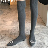 Casual Cozy Stretch Fabric Thigh High Over The Knee Socks Boots Women Flat Heels Fashion Crystal Buckle Pointed Toe